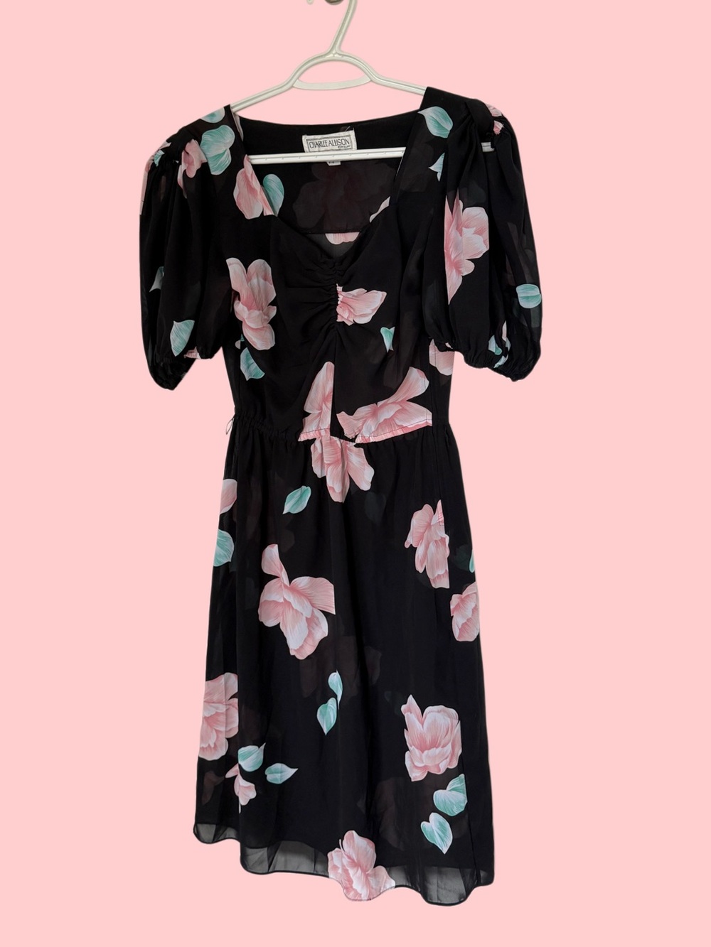 Vintage Black Sheer Midi Dress with Pink Floral Print and Puff Sleeves